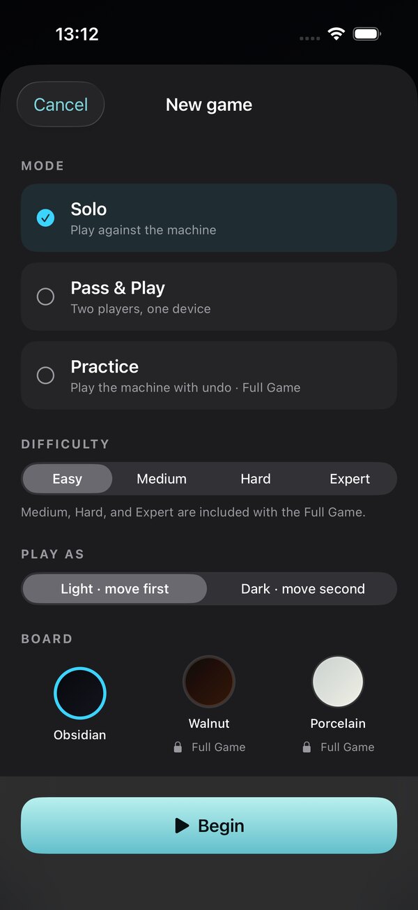 Loopstone New game screen with modes, difficulty, player side and board choices