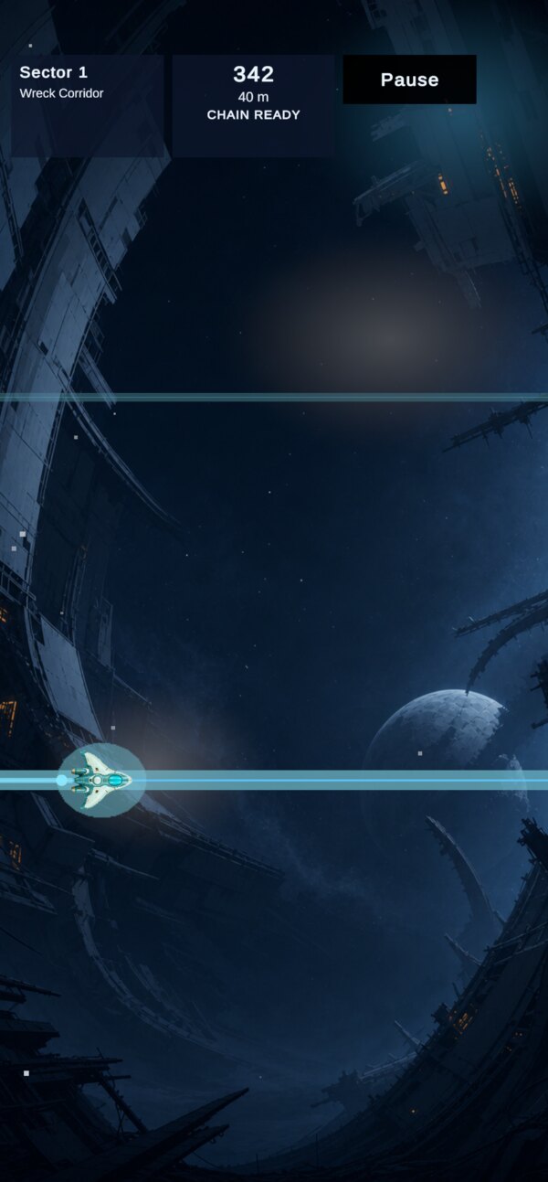 A small craft rides a glowing rail above a moon in a field of wreckage.